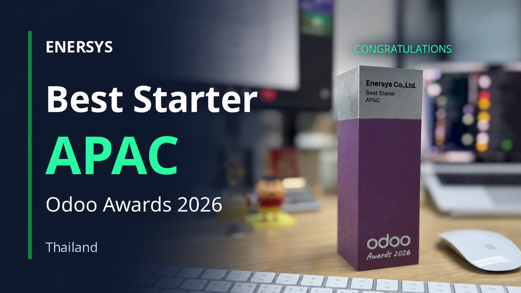 ภาพรางวัล Enersys Best Starter APAC 2026 บนโต๊ะทำงานเป็นพื้นหลัง พร้อมข้อความแสดงความยินดี โดยปรับแต่งพื้นหลังและจัดวางข้อความด้วย AI