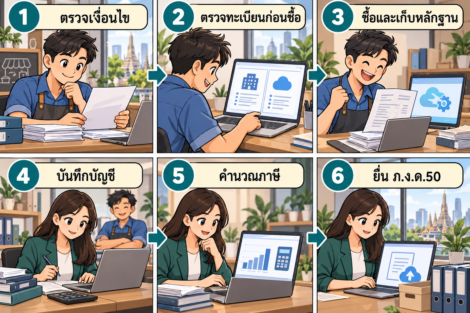 การ์ตูนหกช่อง: ตรวจเงื่อนไข ตรวจทะเบียนก่อนซื้อ ซื้อและเก็บหลักฐาน บันทึกบัญชี คำนวณภาษี และยื่น ภ.ง.ด.50