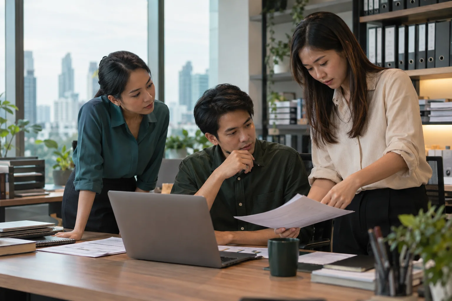 ทีมงานสำนักงานร่วมกันตรวจเอกสารต้นทางและร่างที่จัดทำด้วย AI